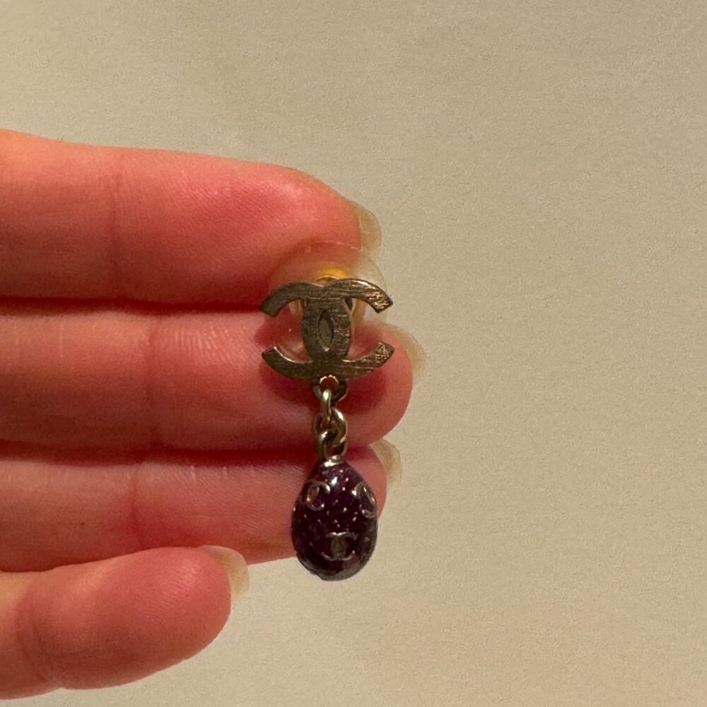 Chanel White Gold and Deep Purple Enamel Drop Earrings with "CC" detail